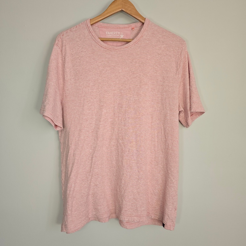 Faherty Cloud Cotton Shirt Mens XL Pink White Striped Short Sleeve Crew Neck Tee